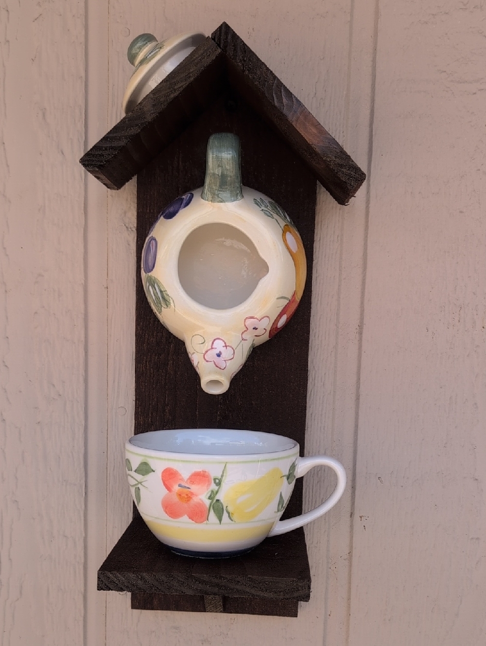 Rustic Wooden Handmade Teapot Bird Feeder Fruit And Flowers